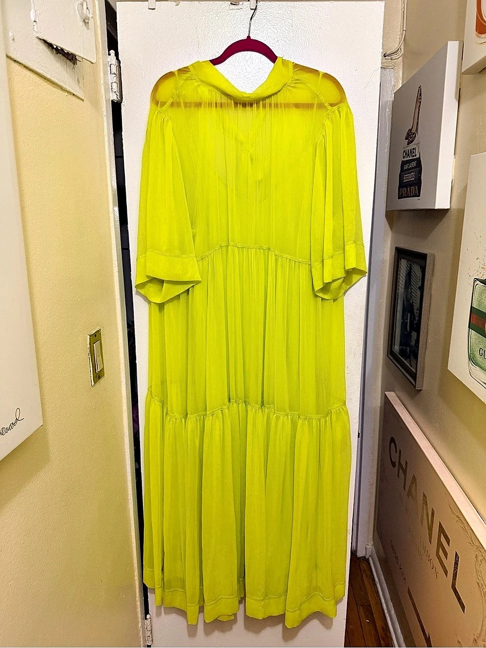 H&M Neon Lime Green Sheer Tiered Maxi Dress w/ Slip Size L - Picture 5 of 9
